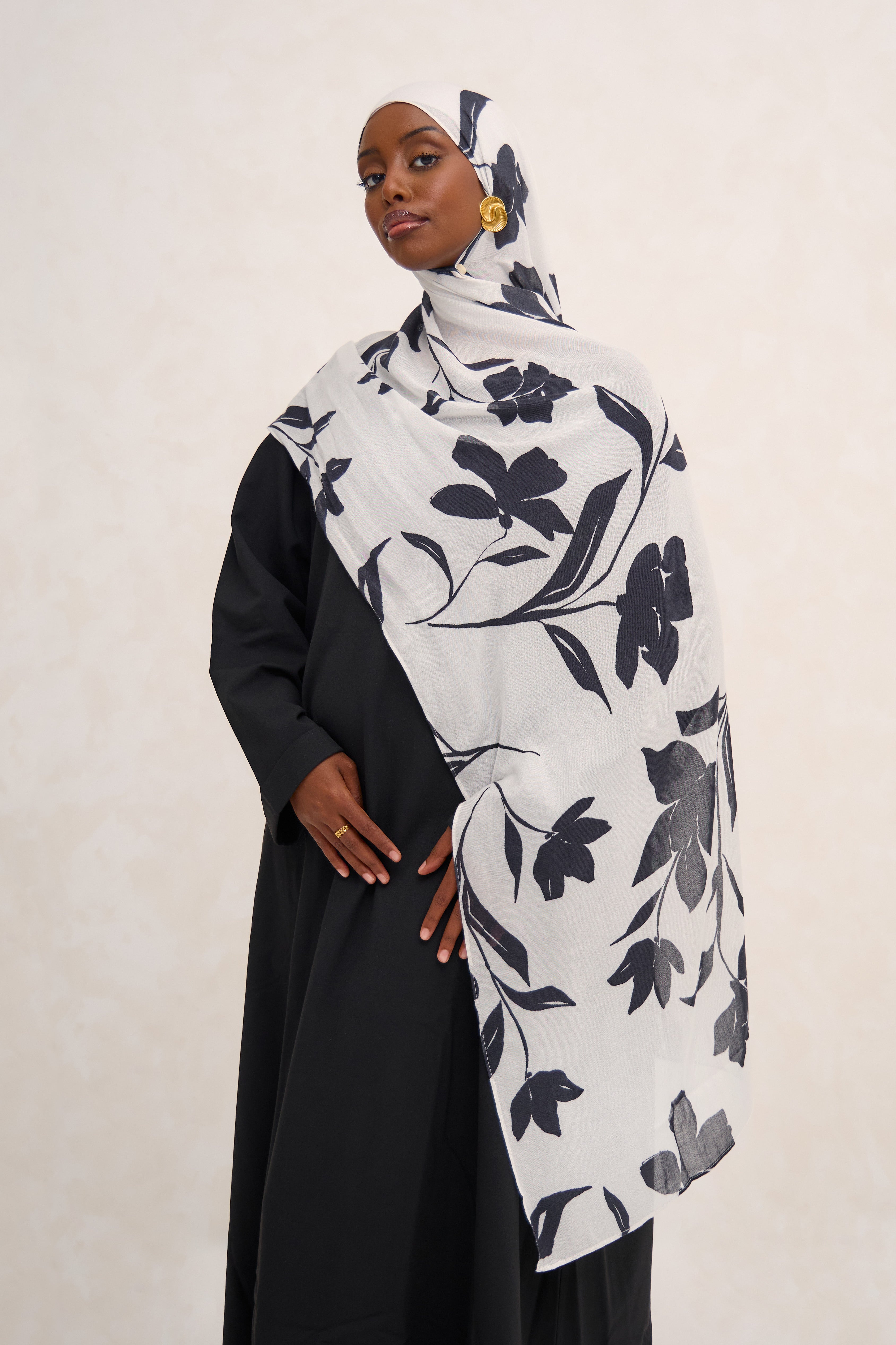 Monochrome Printed Floral Modal Hijab