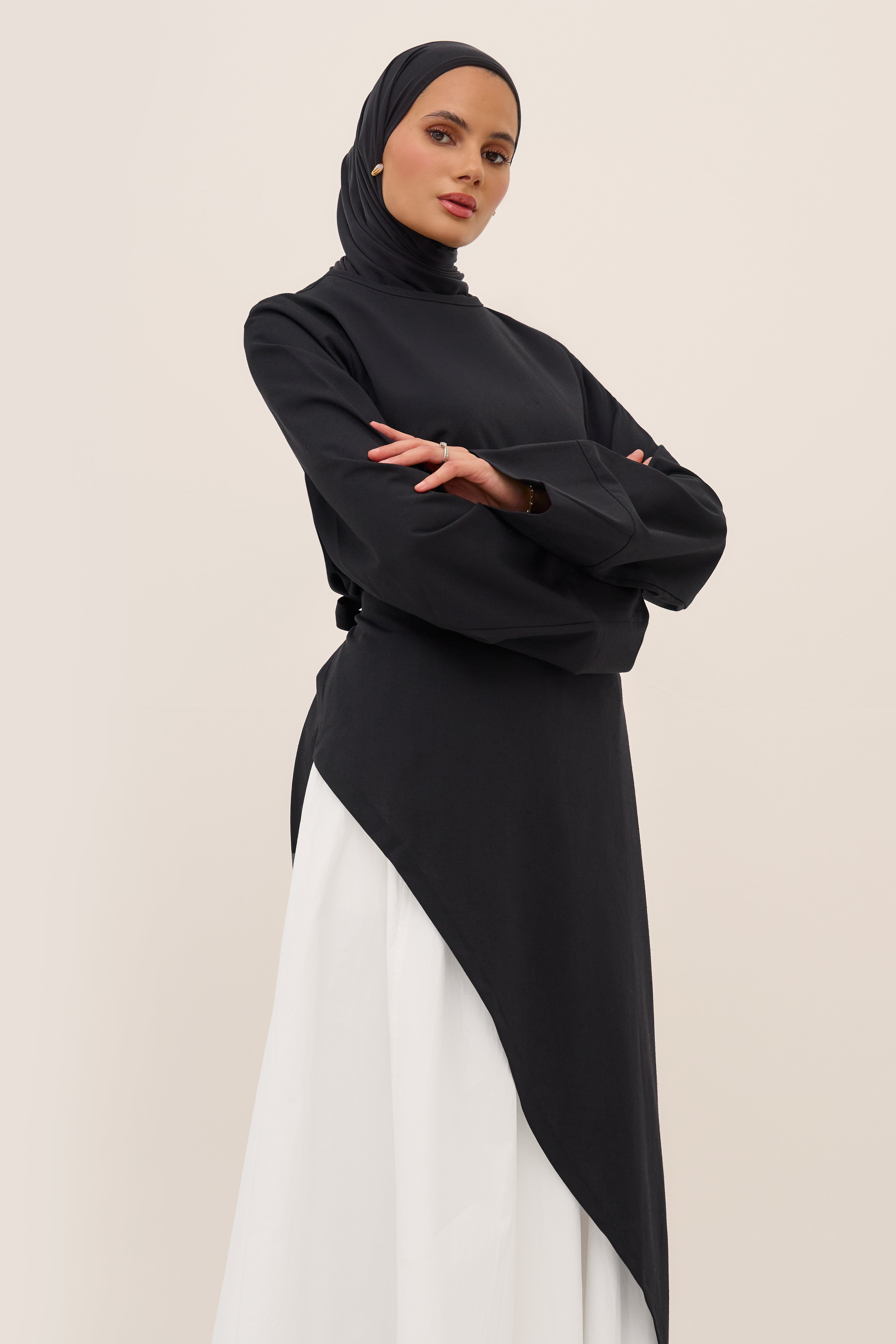 Black Linen Asymmetric Top