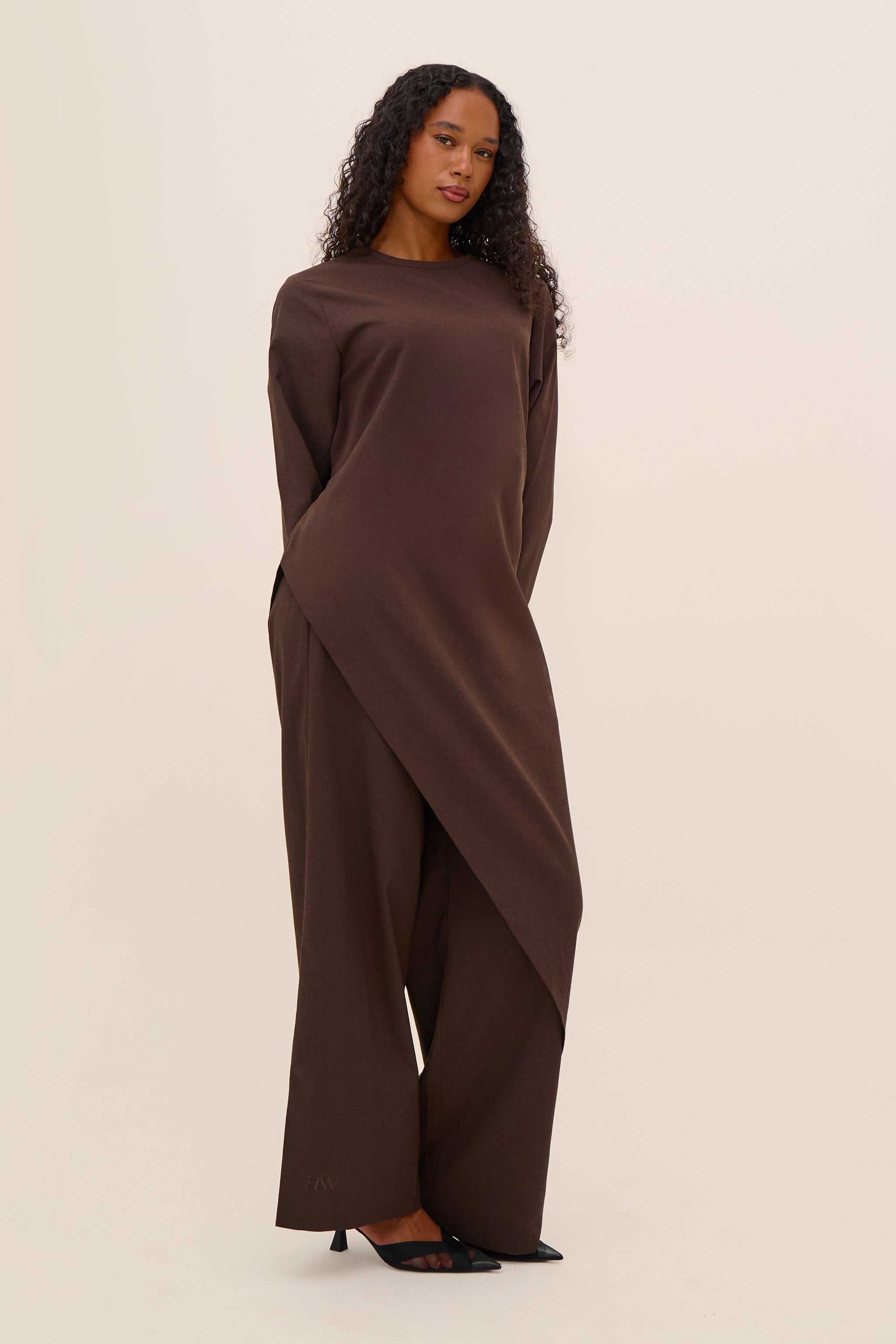 Dark Brown Linen Asymmetric Top