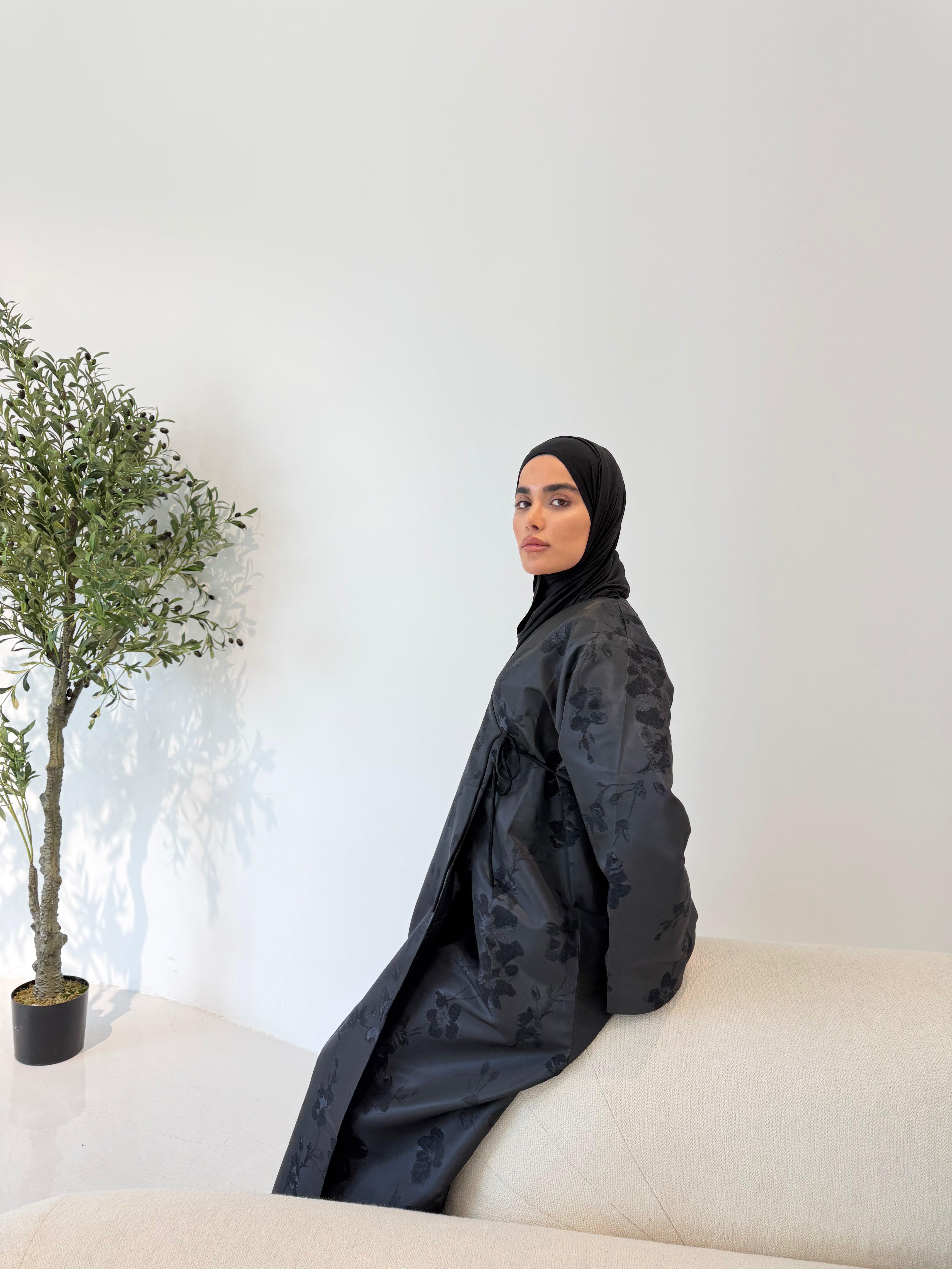 Taffeta Floral Two Tone Open Abaya