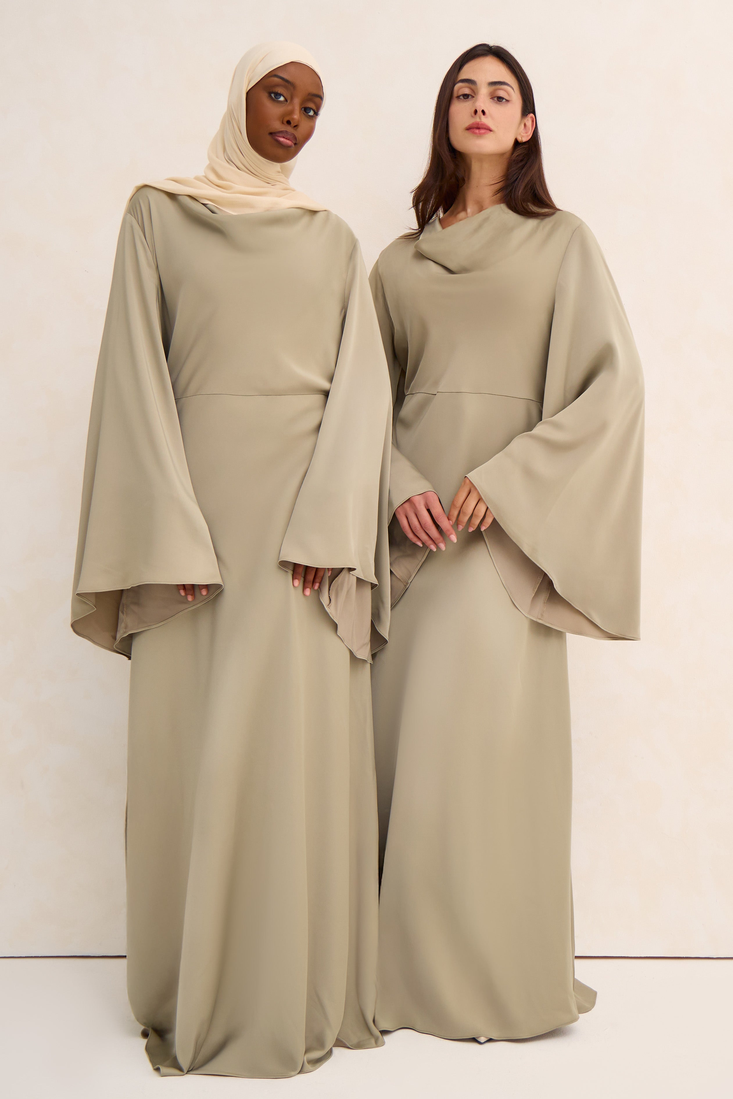 Grey Green Cowl Neck Satin Dress