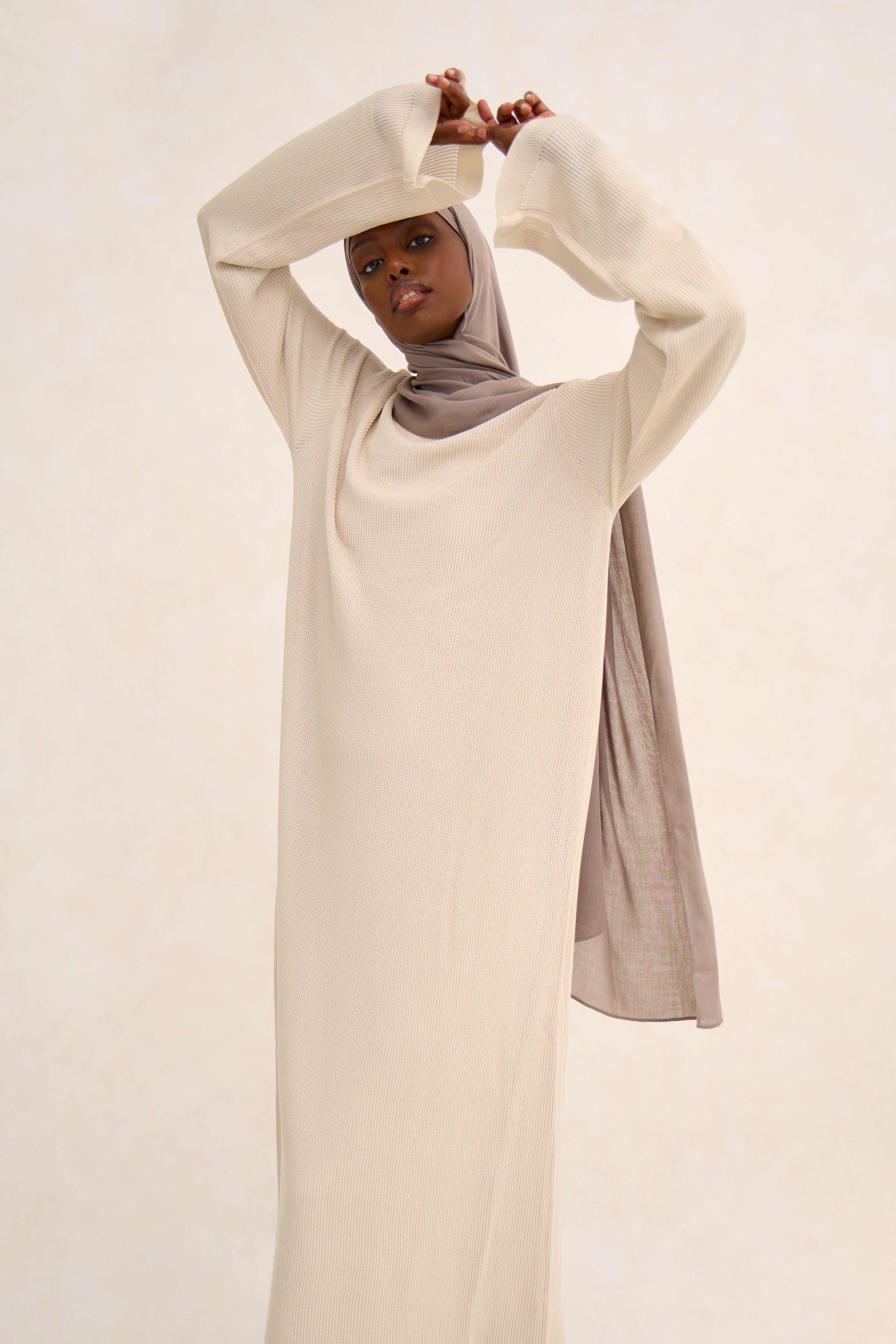 Cream Lined Crochet Abaya Dress