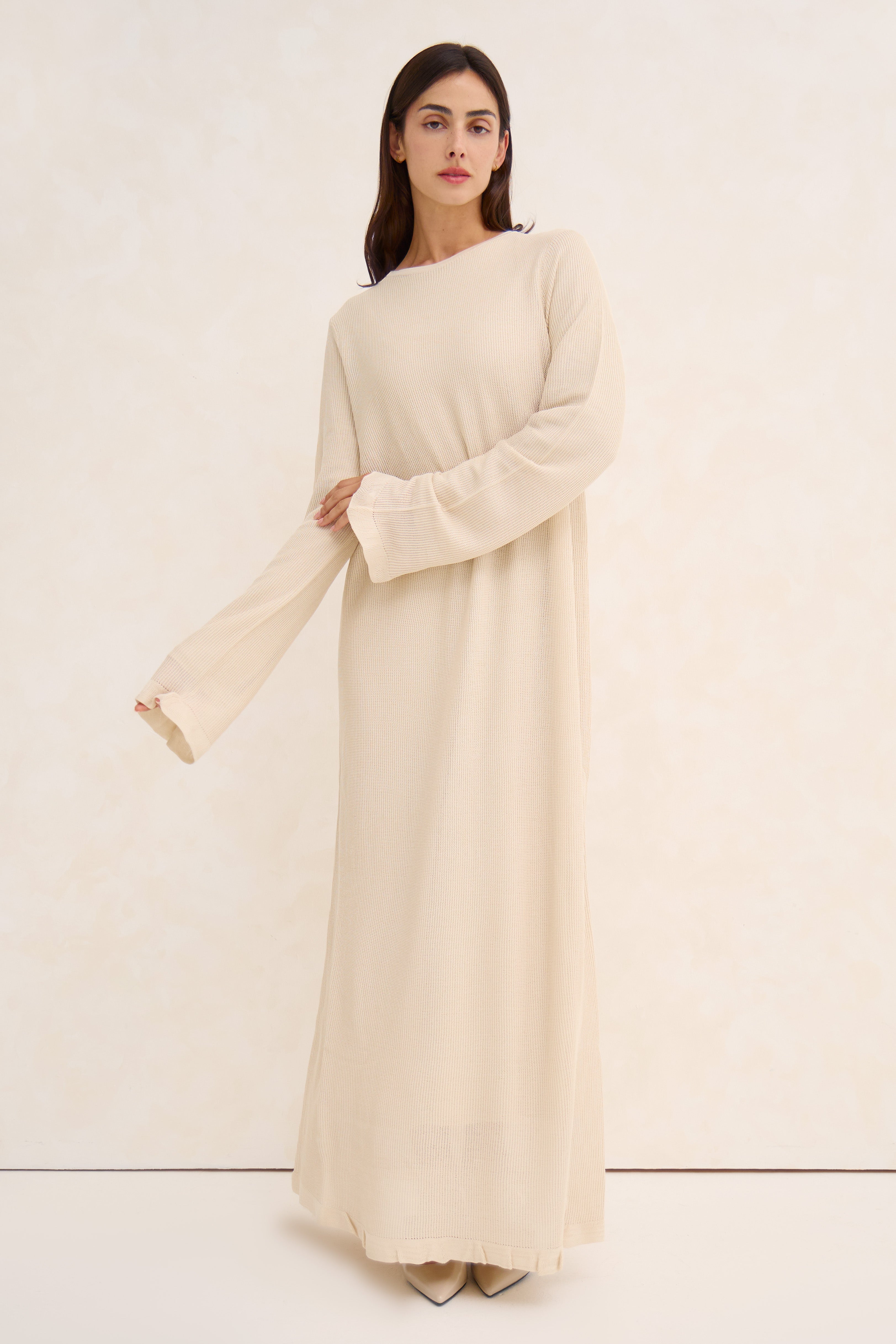 Cream Lined Crochet Abaya Dress
