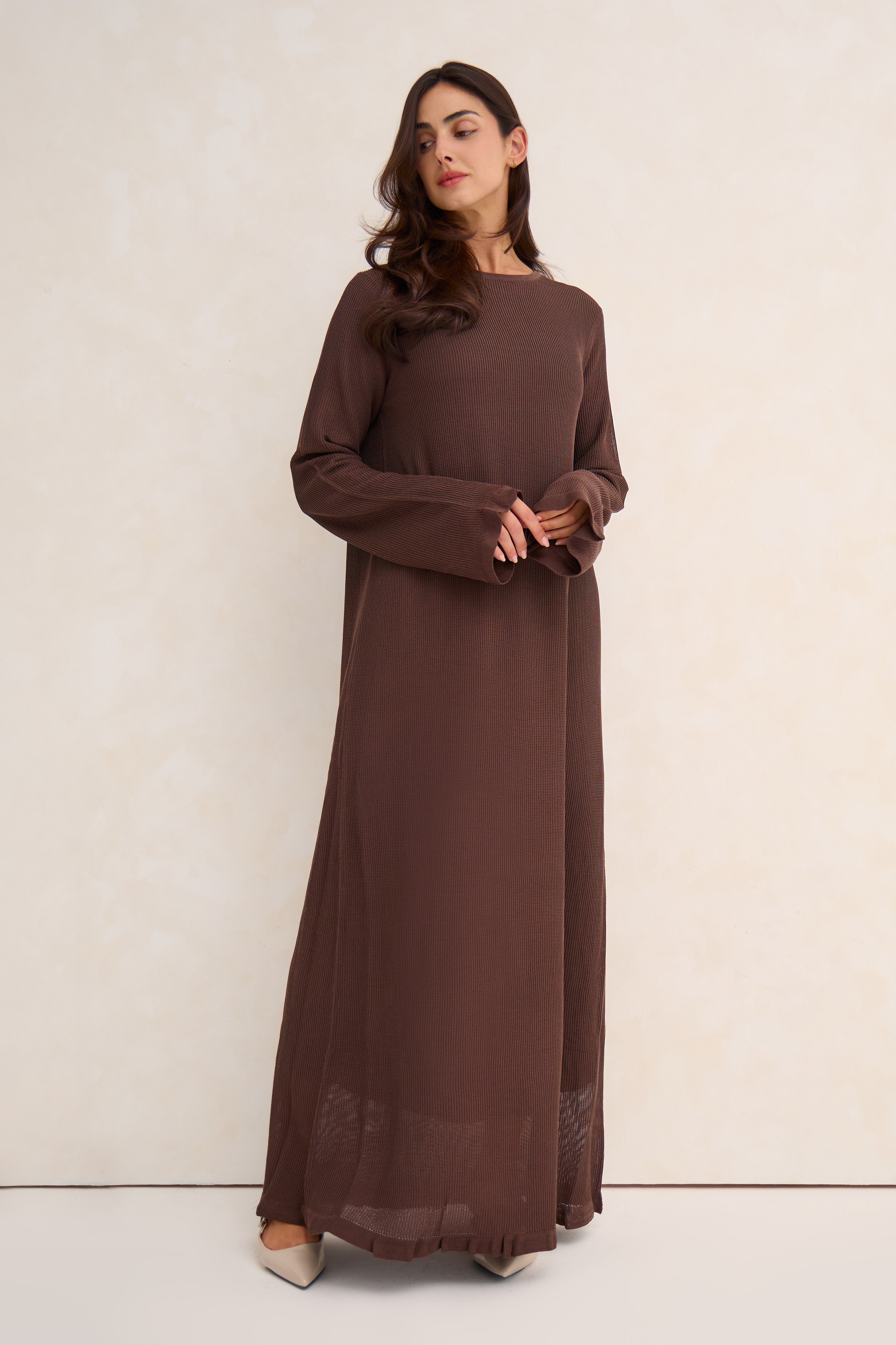Brown Lined Crochet Abaya Dress