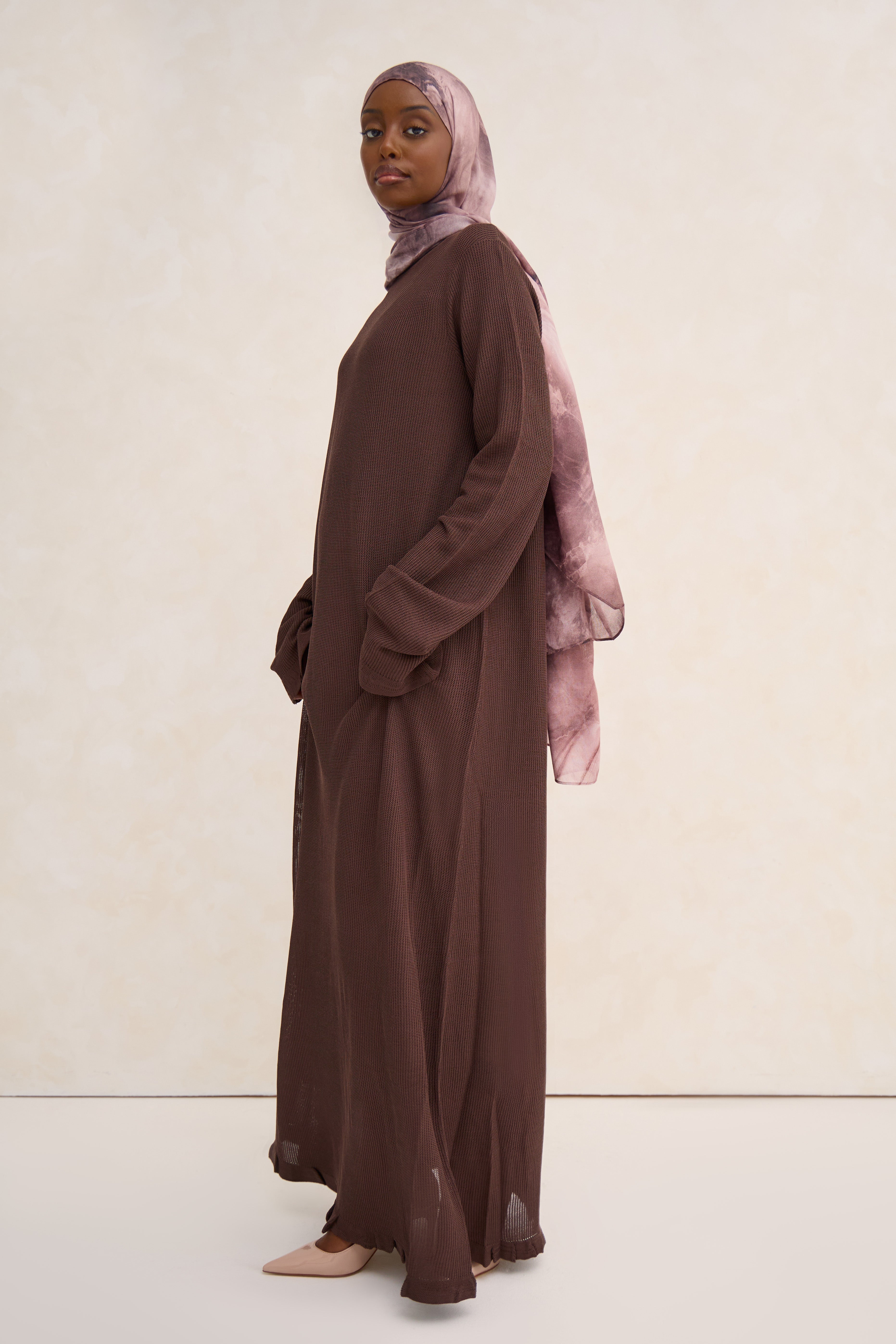 Brown Lined Crochet Abaya Dress