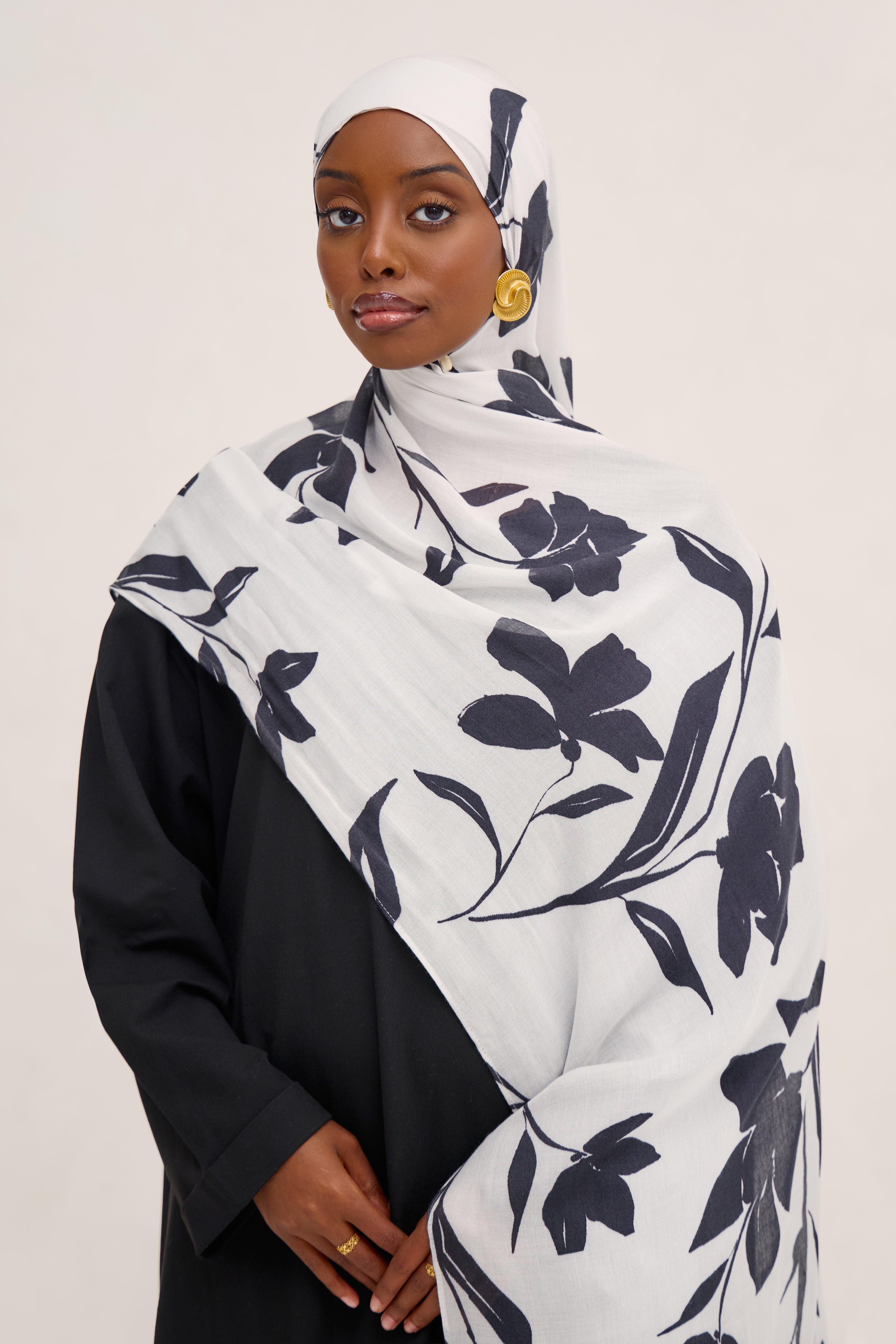 Monochrome Printed Floral Modal Hijab