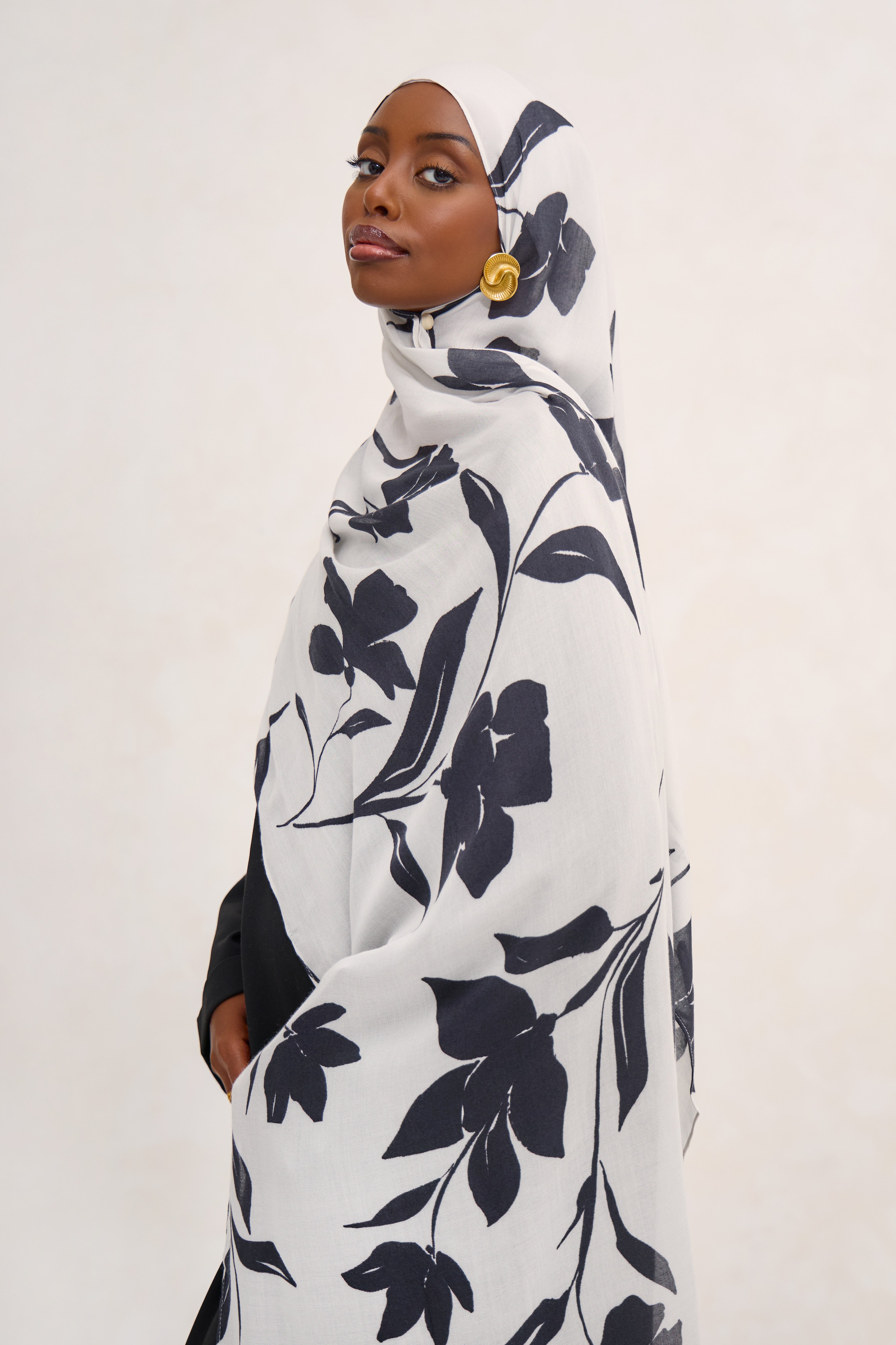 Monochrome Printed Floral Modal Hijab