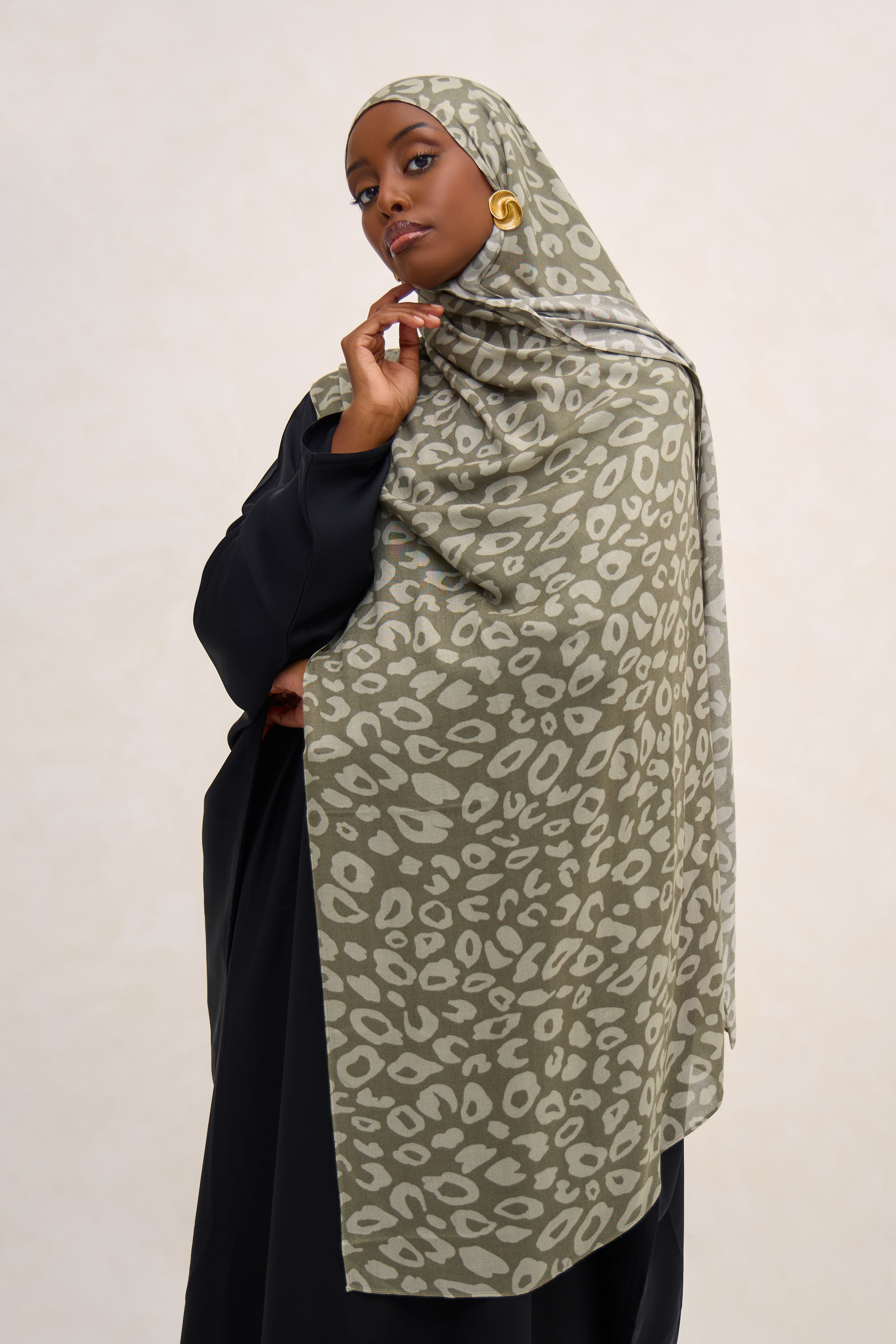 Khaki Printed Leopard Modal Hijab