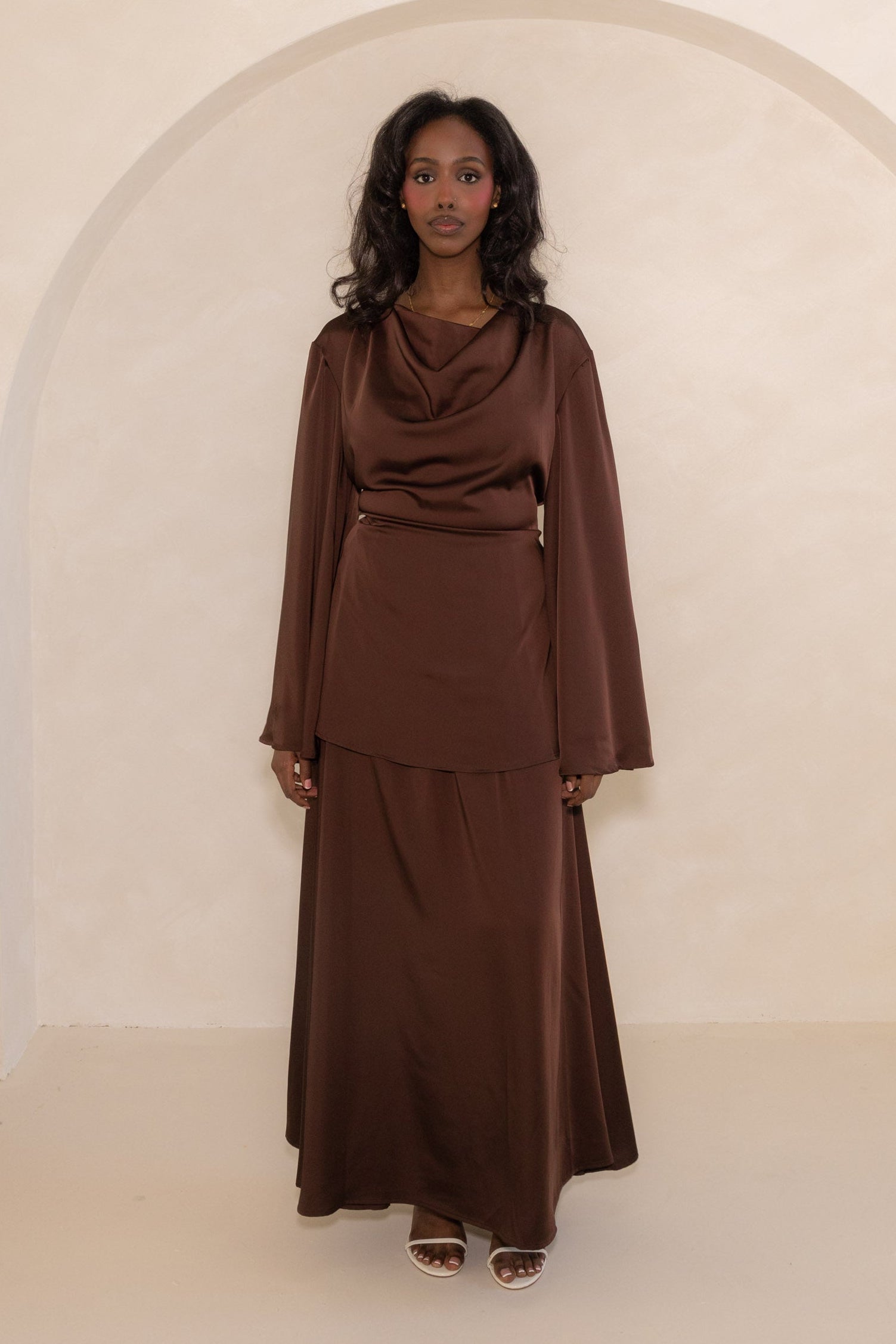 Espresso Satin Cowl Neck Top