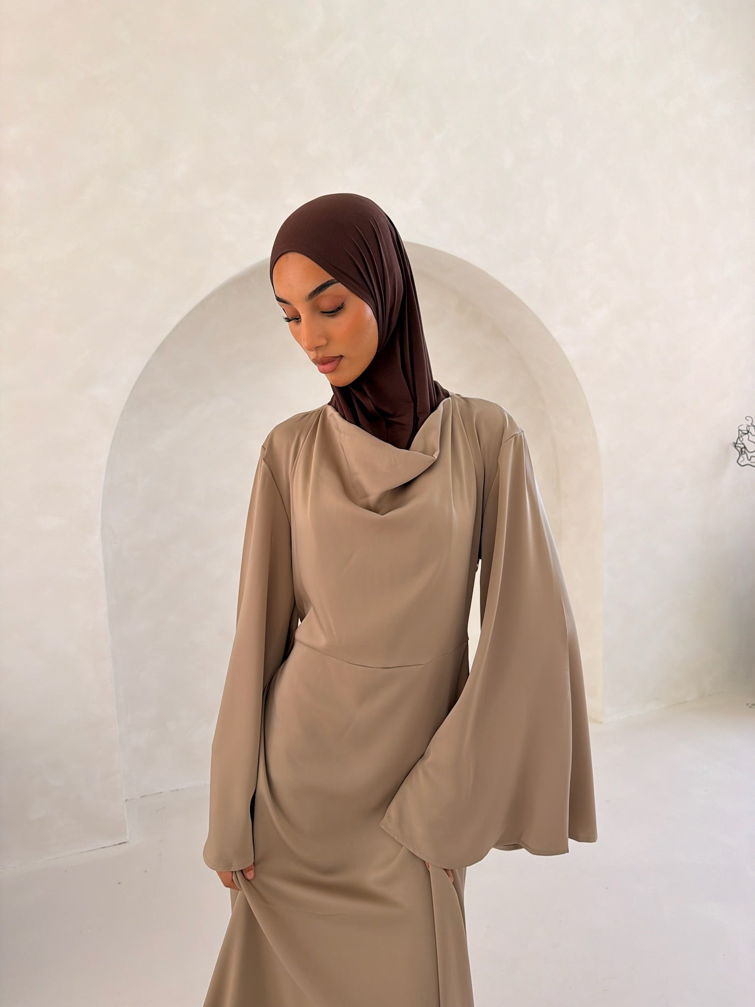 Champagne Cowl Neck Satin Dress