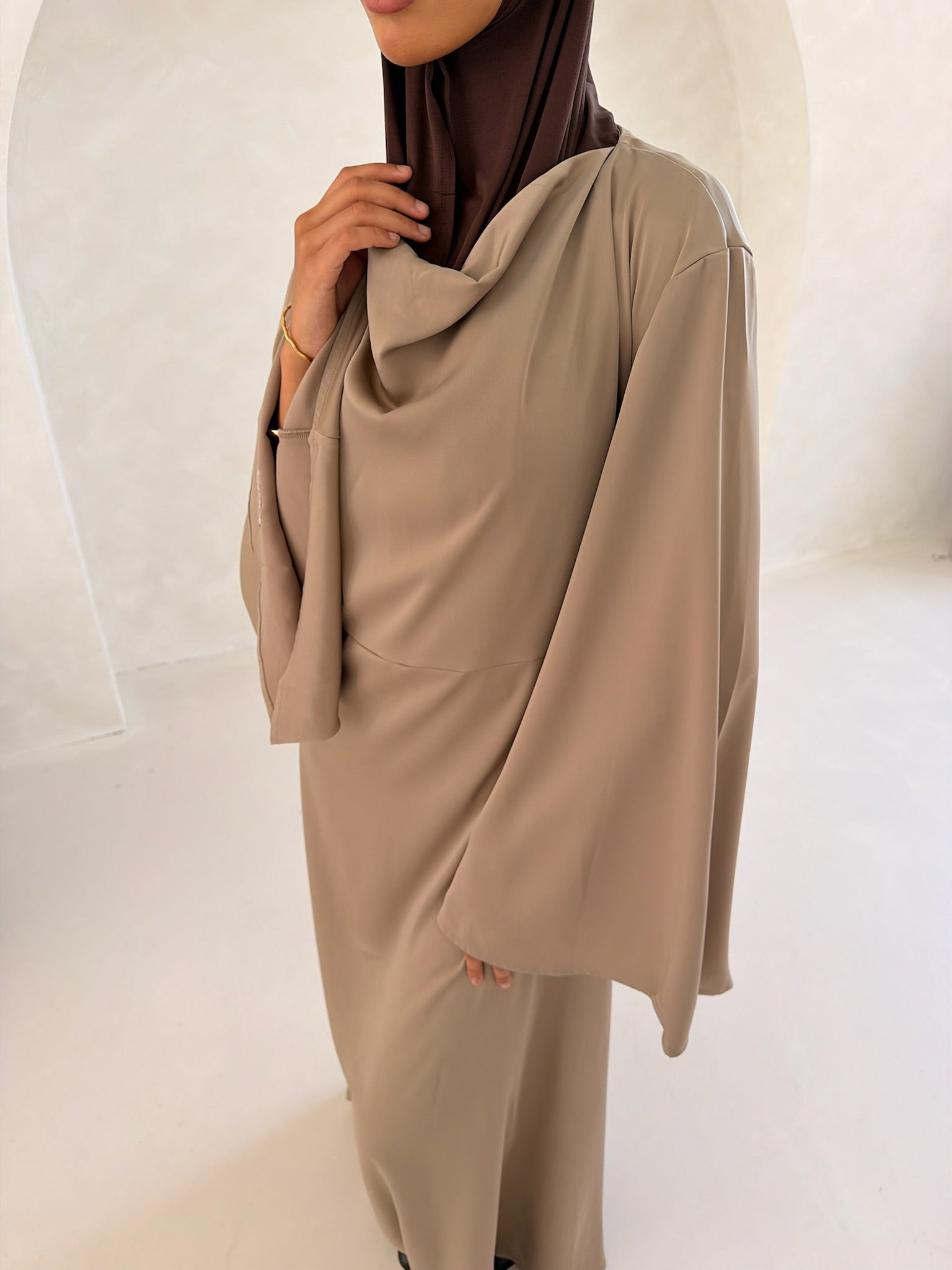 Champagne Cowl Neck Satin Dress