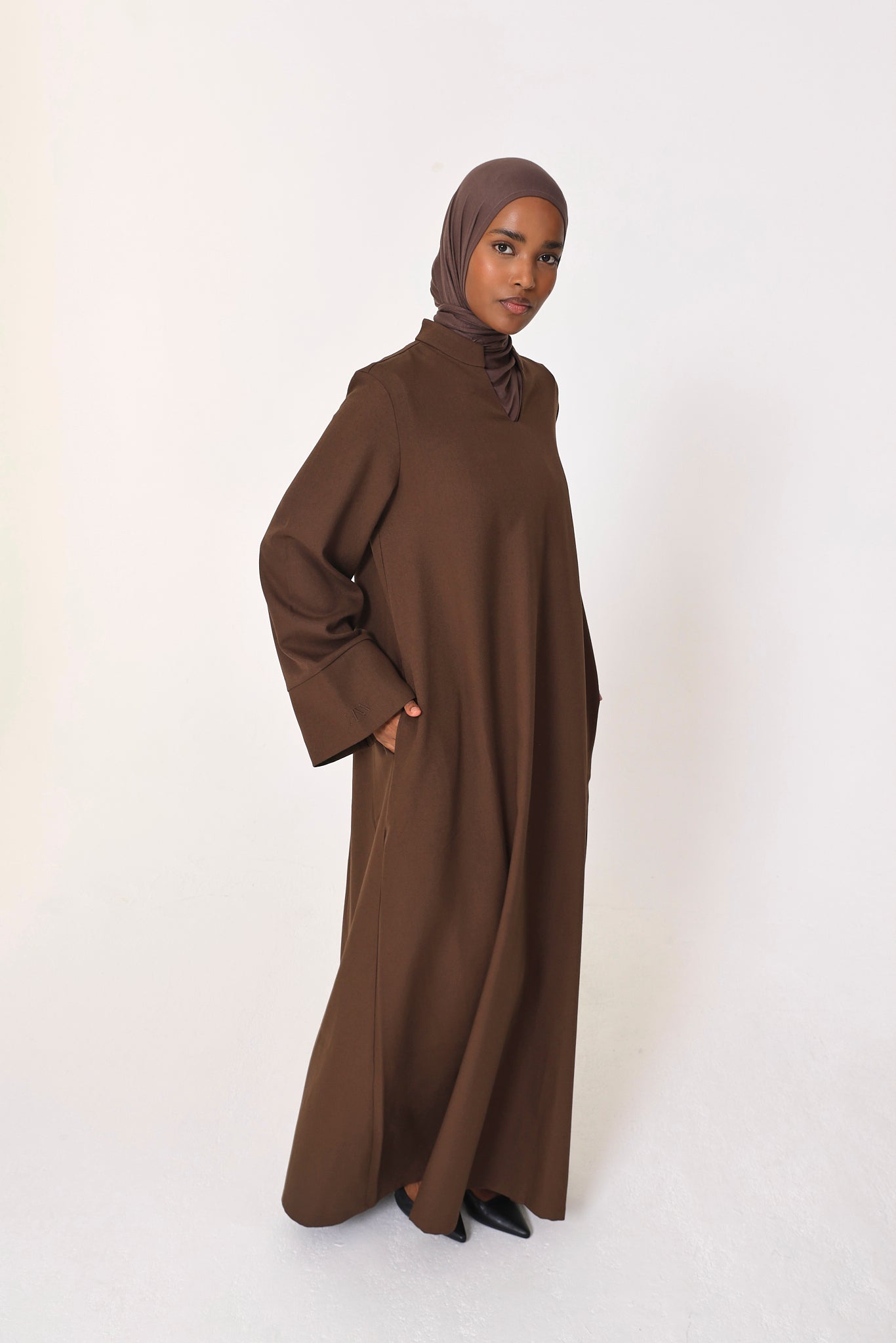 Dark Brown V Neck Abaya