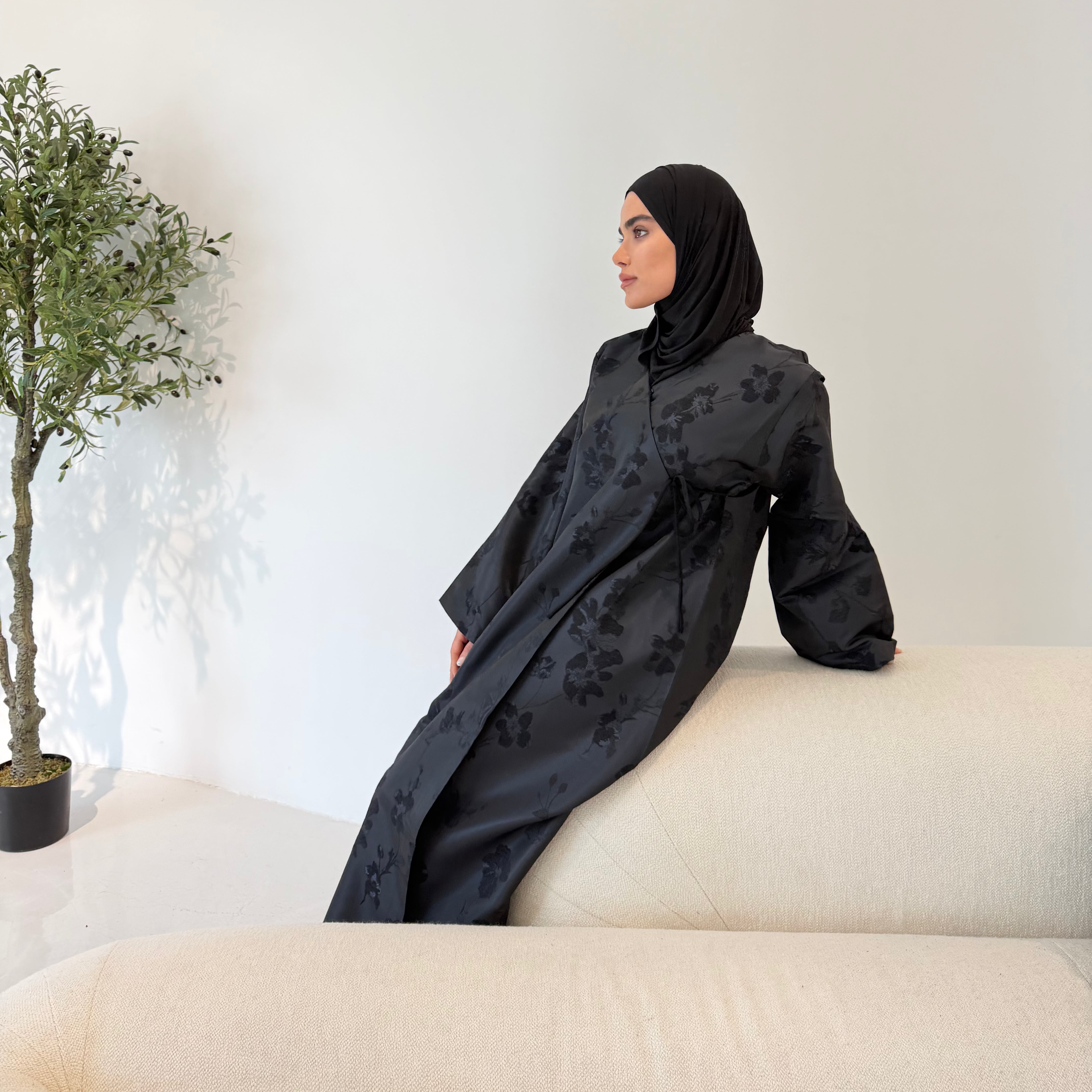 Taffeta Floral Two Tone Open Abaya