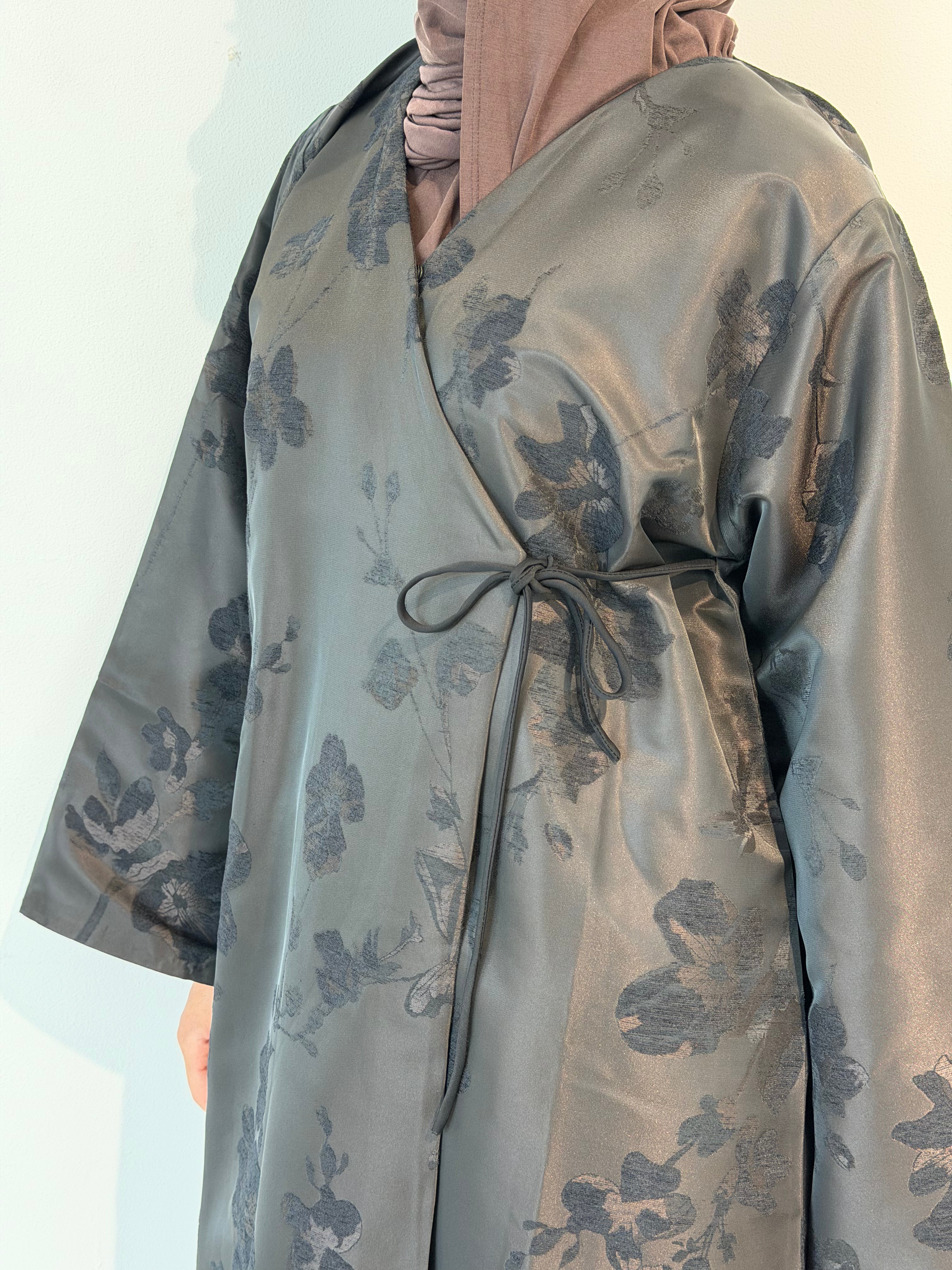 Taffeta Floral Two Tone Open Abaya