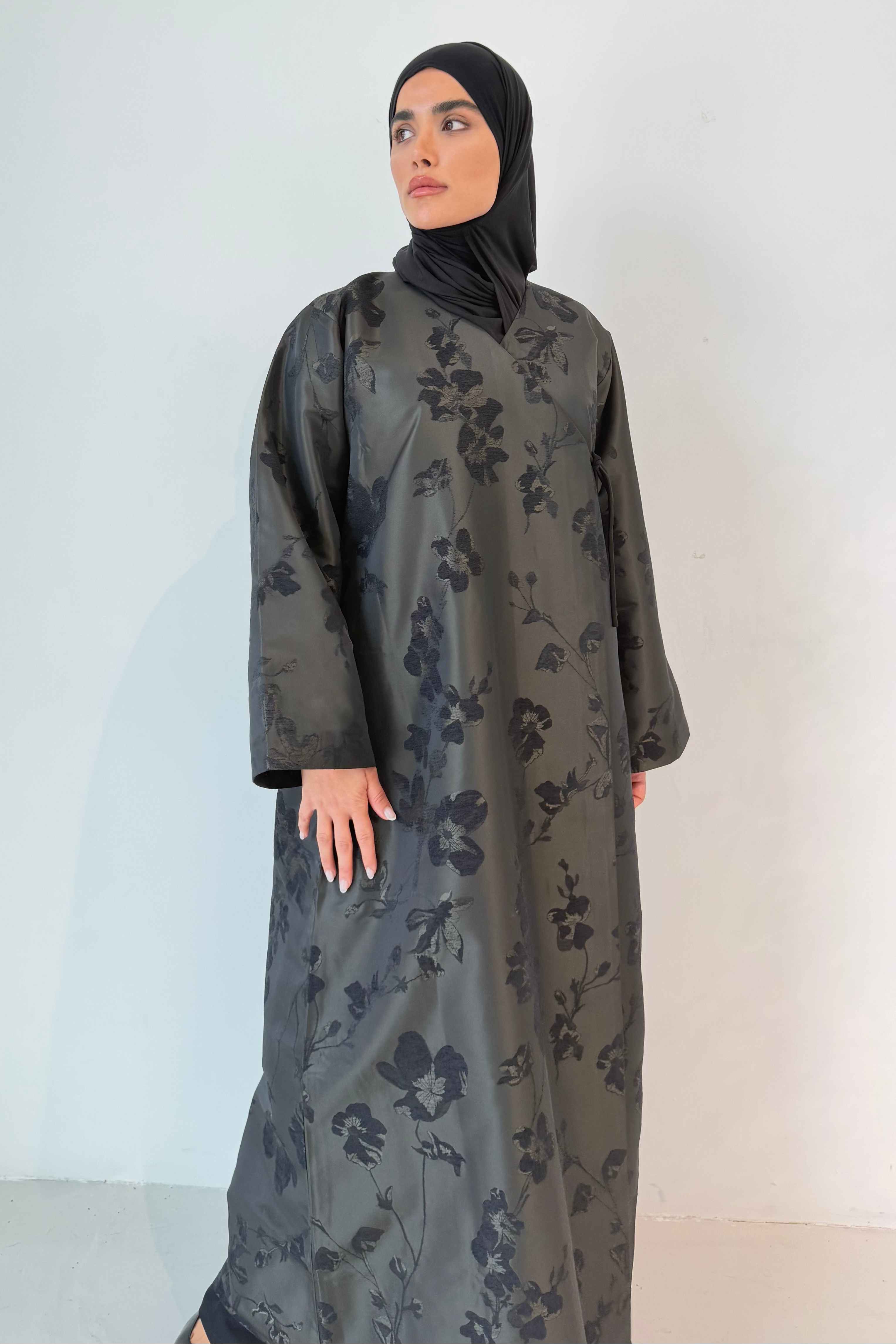 Taffeta Floral Two Tone Open Abaya