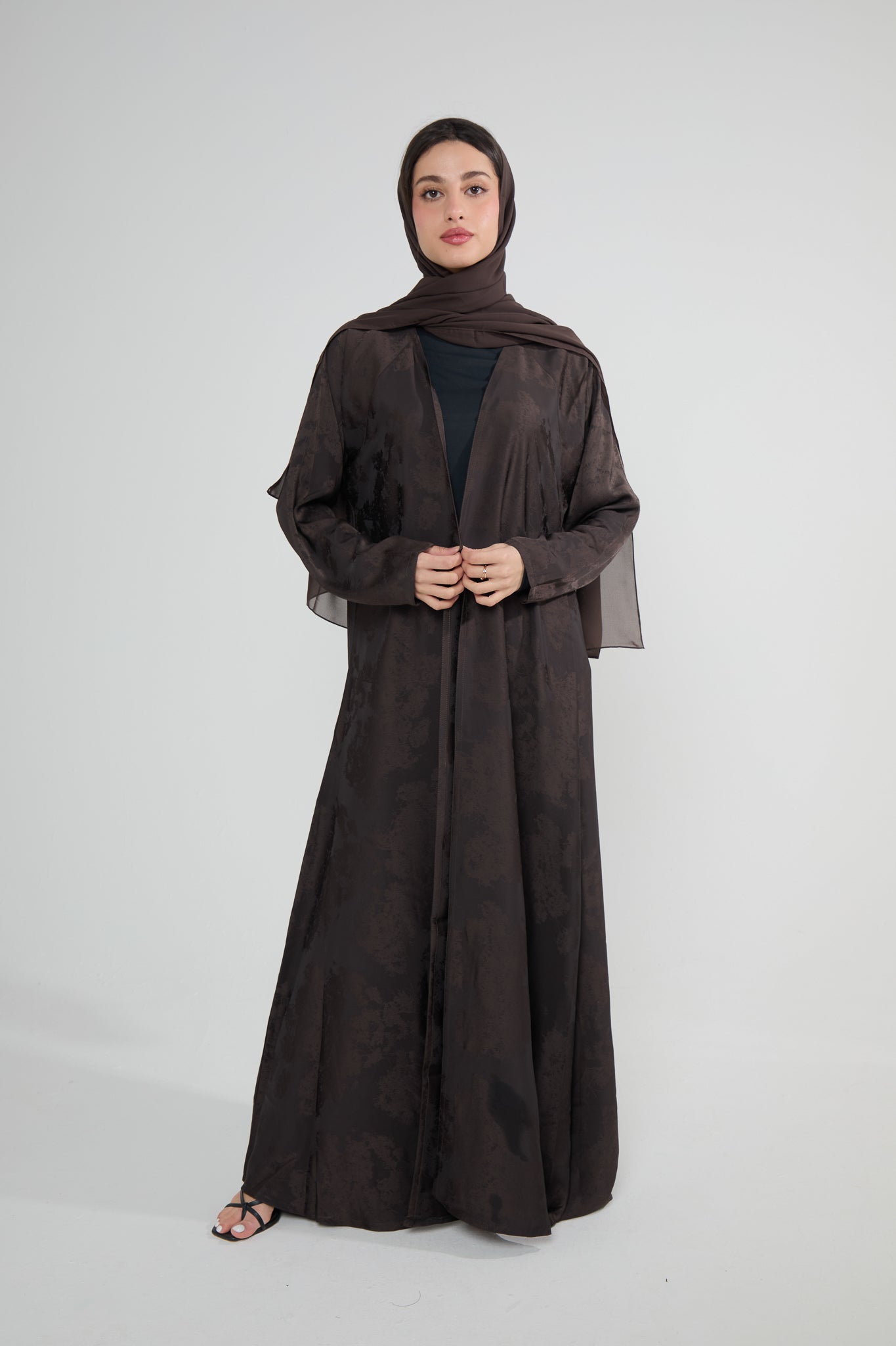 Brown Patterned Open Abaya