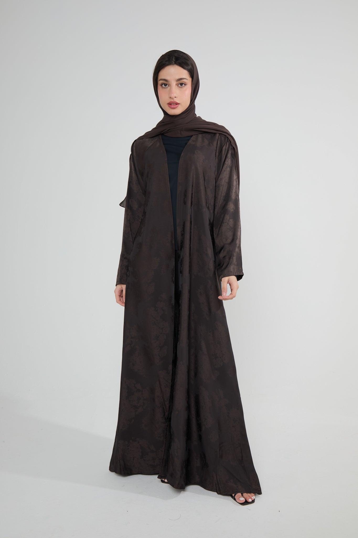 Brown Patterned Open Abaya